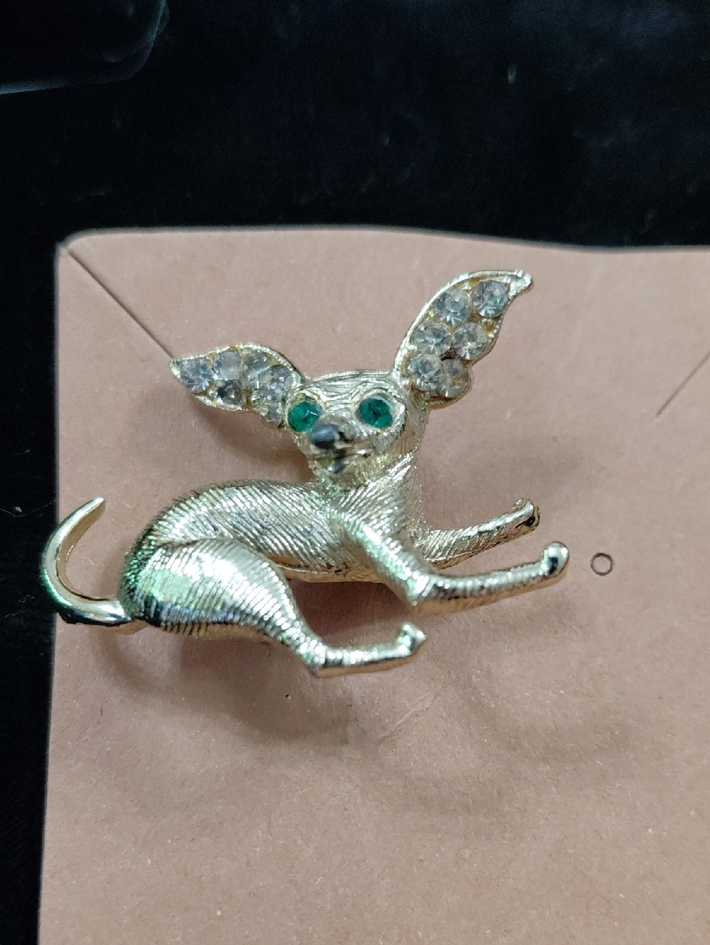Vintage Chihuahua Dog Brooch with Rhinestone Ears and Green Eyes